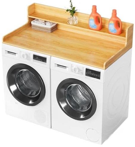 Plan De Travail Pour Lave-linge Et Sèche-linge Avec Étagère À 2 Niveaux, 137 X 70 Cm, Avec Patins Antidérapants Et Rebords De Protection Pour L'organisation Et Le Rangement De La Buanderie