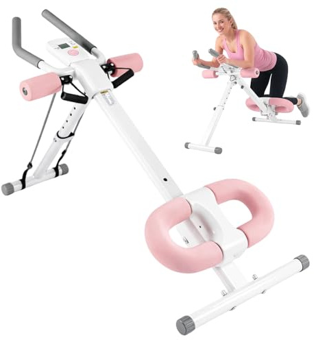 Toemics Ab Trainer Abdominal Muscle Machine Adjustable for Home Gym, Foldable And Space-Saving, Quiet Wheels, Knee And Elbow Pads (Rosa)