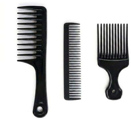 Set de 3 Peignes à Cheveux Antistatiques | 1 Peigne Démêlant Large, 1 Peigne de Finition, 1 Peigne Fourche | Plastique Haute Qualité Noir, Pour Cheveux Afro, Bouclés, Crépus et Épais