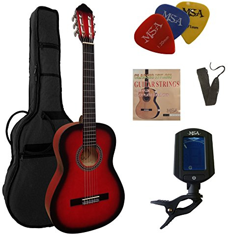4/4 GITARRE - KONZERTGITARRE IM SET - CLASSIC - ROT-SCHATTIERT - DECKE LINDENHOLZ - TASCHE - BAND - SAITEN - 3xPIK - STIMMGERÄT ET33B - C24