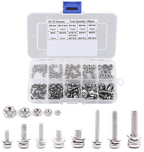 Kit à Vis et Ecrou, Akozon Coffrets Boulons et écrous 160pcs Vis à Tête Ronde en Acier Inoxydable 304, Assortiment Vis Inox M2 M2.5 M3 M4 M5 avec Ecrous Hexagonale et Rondelles + Boîte de Rangement