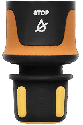 Fiskars Conector de manguera, Tamaño universal, Ø 9 mm (3/8), Puntos de contacto SoftGrip, 30 g, Negro/Naranja/Amarillo, STOP, 1027078
