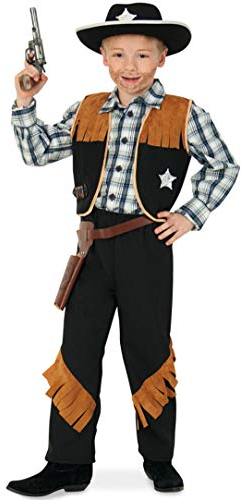 KarnevalsTeufel Kinderkostüm-Set Sheriff, 5-tlg. Weste, Hose, Cowboyhut, Revolvergürtel und Spielzeug-Revolver | Größen 104-152 | Cowboy, Wilder Westen, Karneval (128)
