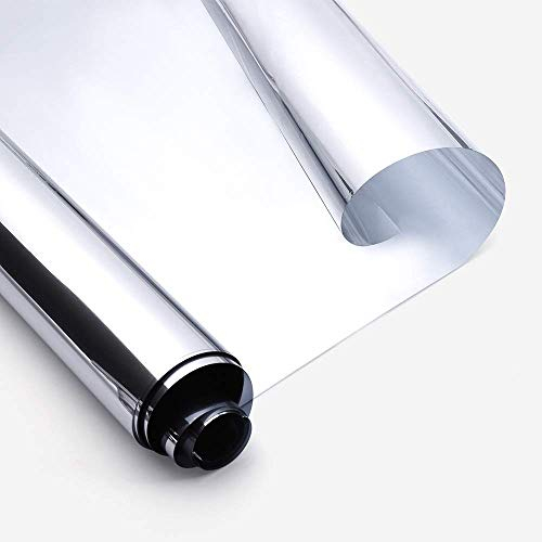 rabbitgoo Spiegelfolie Fenster Sichtschutz, Einseitig Fensterfolie Blickdicht von außen Silber 44,5x200cm, von innen durchsichtig Selbstklebend Sonnenschutzfolie UV Schutzfolie Sichtschutzfolie
