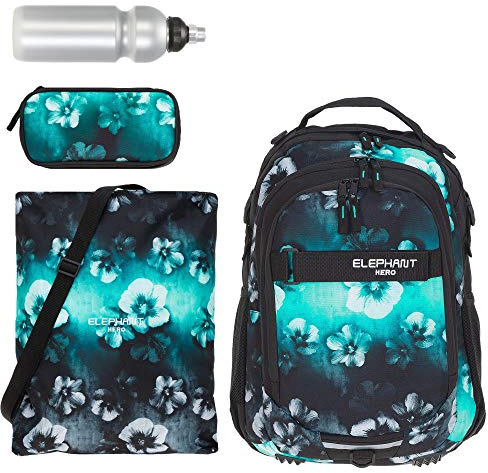 Elephant 4 Teile Rucksackset Hero Signature 12805 Flower Türkis rtmf | Schulrucksack Set Mädchen Jungen Mäppchen Box Turnbeutel Trinkflasche Türkis Schwarz