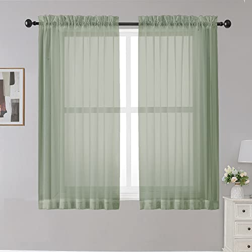 OWENIE durchscheinende Vorhänge, Salbeigrün, 114,3 cm lang, lichtfilternd, für kleine Fenster, 2 Paneele, Café-Stil