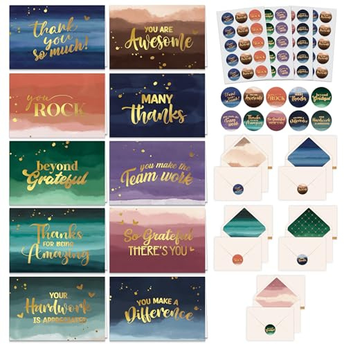 Decorably 50 Pack Gold Foiled 6x4in Watercolor Employee Appreciation Cards with Envelopes and Stickers, 10 Designs Folded Employee Thank You Cards for Employees, Blank Inside - Promotion, Anniversary