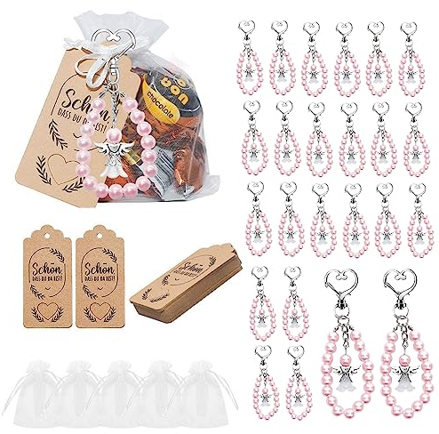Toothbace 24 Stück Schutzengel Schlüsselanhänger, Hochzeit Taufe Anhänger für Weihnachten Hochzeit Gastgeschenke Kommunion Dankeschön Geschenke (Rosa)