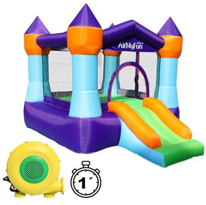 Castillo Windsor Azul- Castillo Hinchable para niños Windsor de Estilo Medieval con 4 torreones, Zona de Salto protegida y tobogán