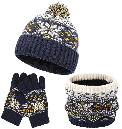 QKURT Kids Winter Beanie Hats Snood Gloves Set, 3 in 1 Thickening Soft Thermal Knitted Beanie Hats with Pom Pom Neck Warmer Magic Gloves Accessories Sets for Boys Girls