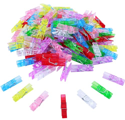 140 Pcs Mini Clothes Pins Colored, Small Clear Clips for Hanging Picture, 1.37 Inch Plastic Photo Clips, 7 Colors