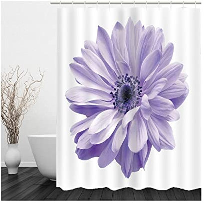 Skcess Duschvorhang Weiß Grau, Polyester Duschvorhang Wasserdicht Hellviolette Blume Badvorhang Anti-Schimmel 150x200CM