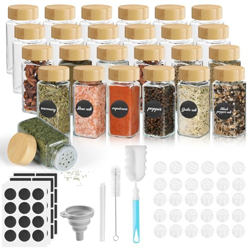 FRIBERG Pot a epices Carré En Verre,120ml,Avec Couvercle En Bois,lot de 24,pots à épices de cuisine,entonnoir inclus, brosse de nettoyage, stylo et autocollants