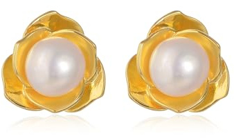 Pendientes Perla Mujer Flor De Plata De Ley 925 Baño oro Perlas Cultivadas De Agua Dulce Blancas - H'Helen (Color oro)