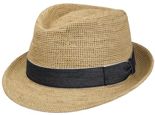 LIERYS Raffia Crochet Trilby Handgefertigter Strohhut mit Denim-Akzenten Made in Italy Herren Frühjahr Sommer Natur L (58-59 cm)