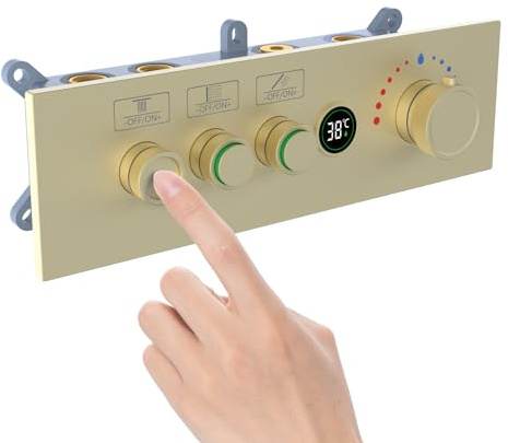 Brushed Gold Thermostatic Shower Diverter Mixer Valve - 3-Way Push Button Control with Temperature Display and Flow Control, Concealed Brass Construction for Bathroom