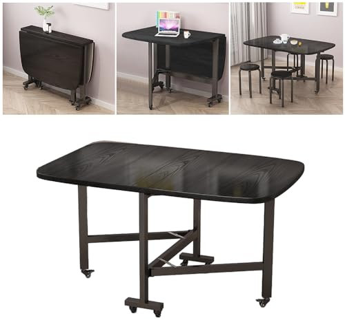 SINBINTA Zusammenklappbarer Esstisch, ausziehbarer Tisch mit Rollen, mobiler Holz-Küchentisch für kleine Räume (Schwarz, 100 x 60 x 75 cm)