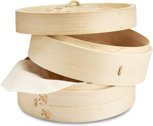 Florauspicious Bamboo Steamer Handmade Basket, Traditional 2-Tier Design - for Dumplings, Rice, Dim Sum, Vegetables, Fish and Meat - Incl. 2 Cotton Cloths (8-Inch)…