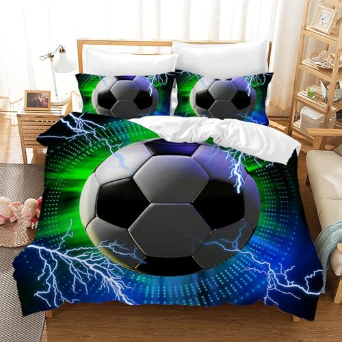 CXYXHW Parure de lit Football pour Enfant - Impression 3D - Housse de Couette Football 3 pièces - avec Fermeture éclair - Douce - 220 x 240 cm