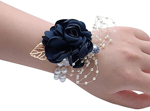 Greensen Handgelenk Corsage Rose Ansteckblume mit Perlenstretcharmband, Rose Blumen Anstecker Boutonniere und Handgelenk Blume für Hochzeit, Abschlussball, Party (Dunkelblau)