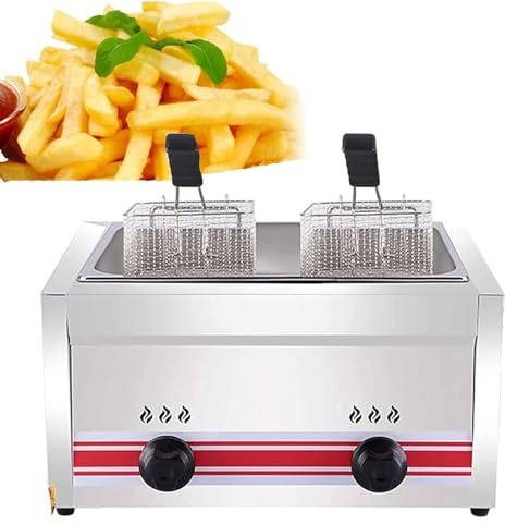 LSHFYV Friteuse Gaz, Friteuse à Gaz Professionnelle Gpl, Friteuse Commerciale en Acier Inoxydable avec Paniers Et Couvercles De Friteuse, Réglage Manuel De La Température,Singlecylinder20l