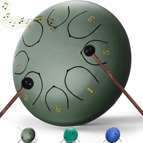 Rain Drum for Outside Garden, 6 Inches 8 Notes Steel Tongue Chakra Drums, Waterproof Meditation Rain Chime, Musical Instruments for Adult Gift with Bag, Music Book, Drum Mallets (Green)
