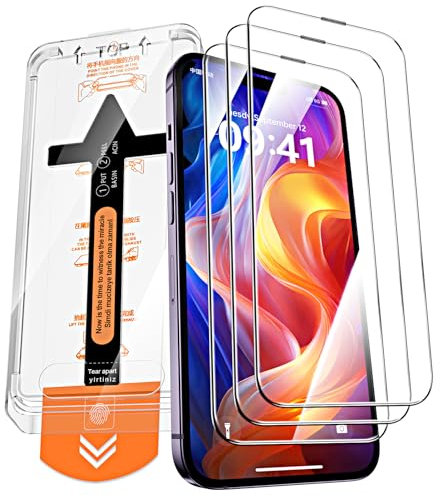 QUESPLE 3 Pezzi Pellicola Protettiva in Vetro Temperato per iPhone 14 Pro 6,1 Pollici, [Installazione Automatica dell'Allineamento] Un Tocco Installa Vetro Completa Flim a Copertura Totale, Durezza 9H