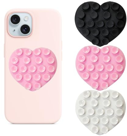 3 st silikonfodral för sugning, dubbelsidig hjärtformad halkfri sugkopp telefonmontering, handsfree telefontillbehörshållare för selfies och videor, för alla mobiltelefoner (vit, rosa, svart)