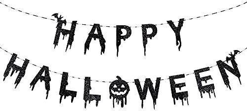 2 Stück Glitzer Halloween Deko Set, Happy Halloween Girlande, Geist Banner für Halloween Party Garten Innen Outdoor Dekoration (Happy Halloween)