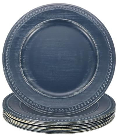sourcing map 10pcs Vintage Charger Plates Bulk, 13 Inch Plastic Beaded Chargers for Dinner Plates Set Round Plate Charger for Wedding Party Event Table Setting Decoration, Dark Blue