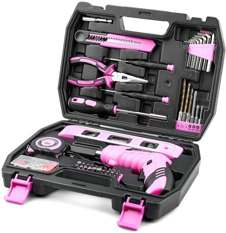URASISTO 123 Piece Pink Household Tool Set with 3.6V USB Electric Screwdriver, Home Tool Kit with Cordless Lithium-ion Drill Driver, HandTool Kits for Women