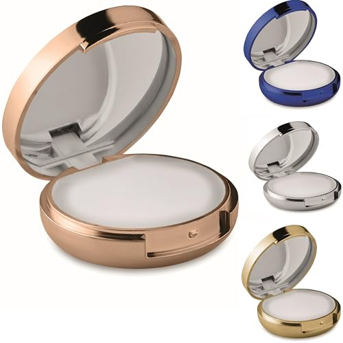 Lot de 4 baumes à lèvres avec miroir de maquillage pour des lèvres souples et délicates dans une boîte ronde avec finition UV métallique SPF 10 et arôme vanille en lot de 4 argentés, dorés, champagne
