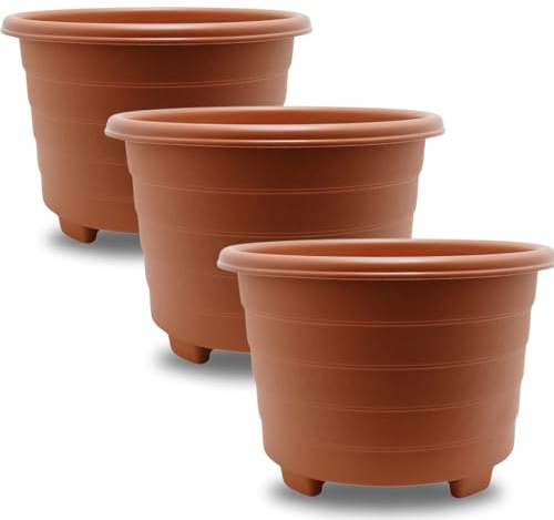 SIDSONS Large Terracotta Planter 39cm - Plastic Plant Pots, Indoor Flower Pot, Outdoor Garden Patio Planters, Marked Drainage Hole, Round Planter With Feet, Herb Plant Container (3, 39cm Terracotta)