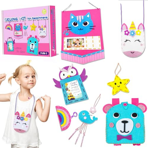 JOYVOVO 7 Stück Nähset Kinder, Filz Nähen Kits DIY Art Craft Kreativ Bastelset Kinderbastelset mit Einhorn, Eule, Bastelset für Anfänger, Spielzeug Geschenk für 5 6 7 8 9 10 Jährige Mädchen