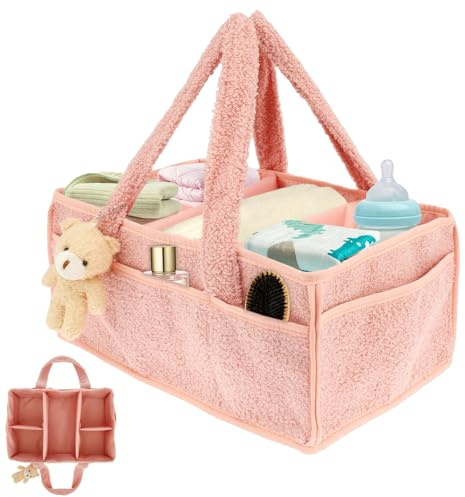 Baby Windel Caddy Organizer 38x25,4x17,8cm Plüsch Wickeltasche Organizer Doppelter Klettverschluss mit Wechselbaren Fächer Tragbar Wickelkorb für Babyzimmer Wohnzimmer Badezimmer Autos (1 x Rosa)