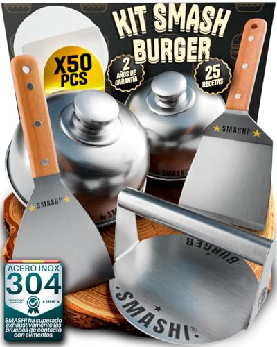 SMASHI® Smash Burger professionell kit i rostfritt stål 304 certifierad EU-kontakt med livsmedelskontakt | Hamburgerpress och spatlar med trähandtag tillbehör | innehåller 25 recept (professionell)