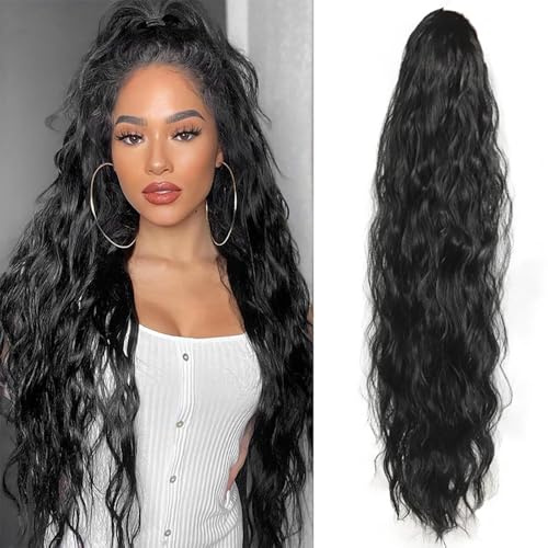 XFSRG Coleta Postiza Pelo Natural Ondulado Sintética Ponytail Drawstring Extensiones de Cabello Coleta para Mujeres（Negro/76CM）