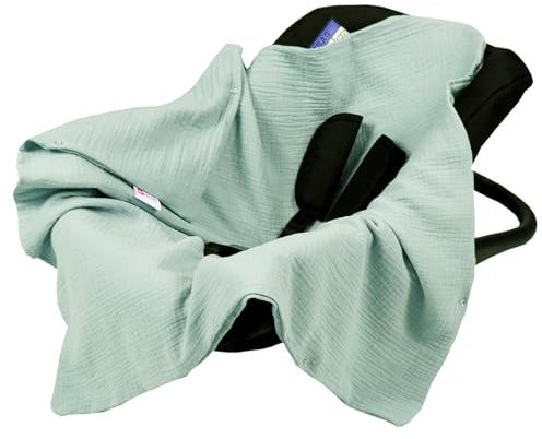 Babylux Einschlagdecke für Babyschale Autositz 80x80 cm – Sommer Babydecke aus Musselin Baumwolle – Atmungsaktiv, mit Gurtschlitzen (Grün Hell)