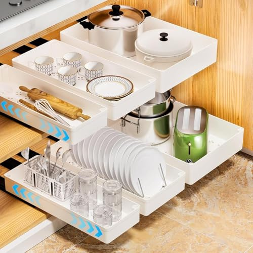Niwugady Tiroir télescopique, Ensemble de 3 tiroirs extensibles pour cuisine, Organisateur de tiroirs pour placard de cuisine, Rangement pour tiroirs pour la maison/cuisine/salle de bain/salon, Blanc