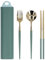 Juego de cubiertos de viaje de acero inoxidable, utensilios de cocina compactos de transporte con caja de almacenamiento, palillos de cuchara de cuchara resistente a la curva para (Oro verde)