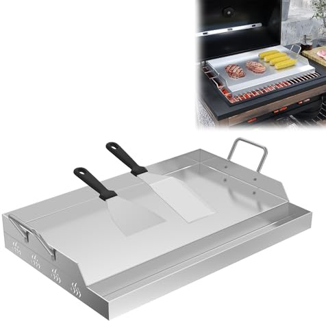 LZQ Edelstahl Grillplatte mit Griffen 47x32x7cm | Plancha aus Edelstahl für Gas- & Holzkohlegrills | Grillfläche | Grillzubehör für BBQ | Inkl. Grillspachtel und Fettauffangrinne