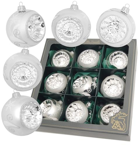 Krebs Glas Lauscha - Weihnachtsdekoration/Christbaumschmuck aus Glas - Reflex Weihnachtsbaumkugeln - Farbe: Silber - 9 Stück - Größe: ca. 8 cm