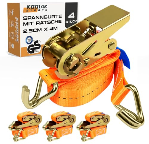 4 Stück Spanngurte 4m x 1000kg mit Ratsche und Haken - 25mm Zurrgurte mit Ratsche - Orange Ratschengurt für Ladungssicherung - TÜV/GS geprüft nach DIN EN 12195-2 - KODIAK STRAPS