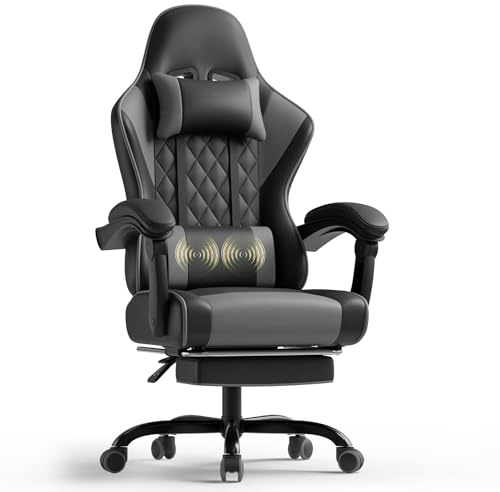 TRIUMPHKEY Gaming Stuhl mit Lendenwirbel massagekissen, Ergonomischer Bürostuhl mit ausziehbarer Fußstütze, Kopfstütze, GamingStuhl mit 90-135°Verstellbarer Rückenlehne, 150kg Tragkraft, Grau