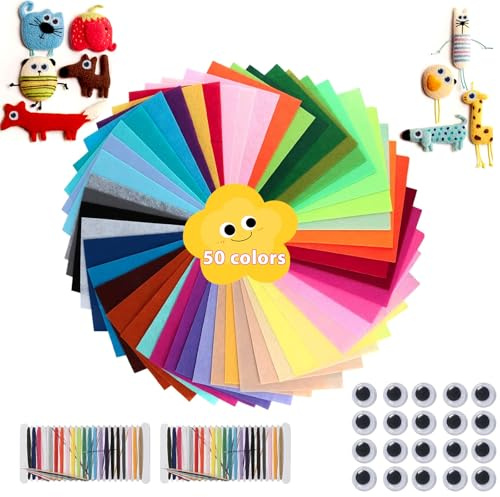 YeaHapiday 50 Colour Felt Fabric Sheet for Crafts, Soft Non-Woven with Sewing Threads & Googly Eyes, DIY Thick Squares Felt Fabric for Sewing, School Projects, Scrapbooking, Decorations 30 x 20cm