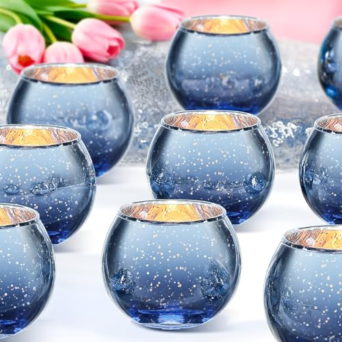 24er Set Blau Silber Glas Teelichthalter, Kleine Windlichter für Hochzeit