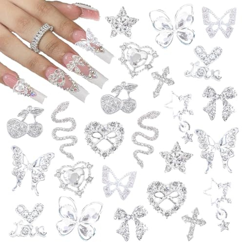 ZORVYN 24 pièces accessoires nail art, alliage Y2K, décoration ongles, strass ongles, formes cœur, papillon, croix, serpent, bijoux ongles scintillants (argenté)