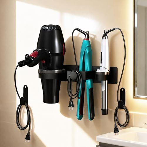 DOTCUTY Hair Straightener Holder Wall Mounted, Hair Dryer Holder with Plug&Cord Organizer, Metal Hair Tools Organizer & Storage Curling Iron Holder for Bathroom, Salon Hair Dryer Holder