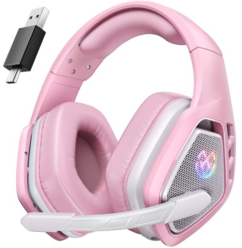 Tatybo Wireless Gaming Headset for PC Ps5 Ps4, 2.4GHz USB & Type-C & Bluetooth Gaming Headphones with Mic, 40H Battery Comfortable Gaming Headsets for Switch Laptop Mobile Mac (Pink)