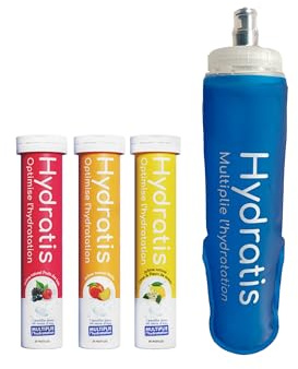 HYDRATIS - Pastilles Hydratation Electrolytes - Mix 3 Parfums Best Sellers + Flasque 500 ml - Améliore l'Hydratation et Favorise l'Énergie - Formule Isotonique - Sport. Récupération (60 Pastilles)